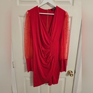 ChicMe Red Bodycon Long Sleeve Dress with Beaded Sheer Sleeves Size XL